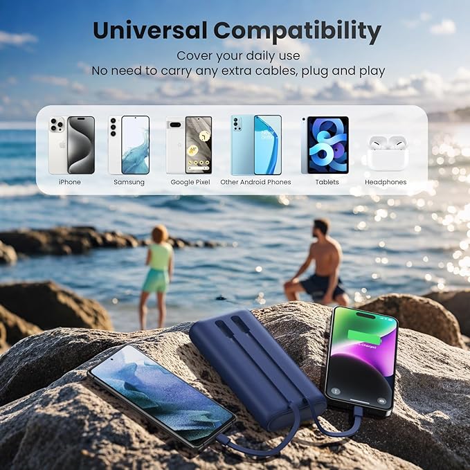 Feob Portable Charger 40800mAh Power Bank with Built-in Cables,25W PD USB C Fast Charging Battery Pack,5 Outputs Dual Input Backup Charger for iPhone 17/16/15/14/13/12,Galaxy S24 Android Phone etc