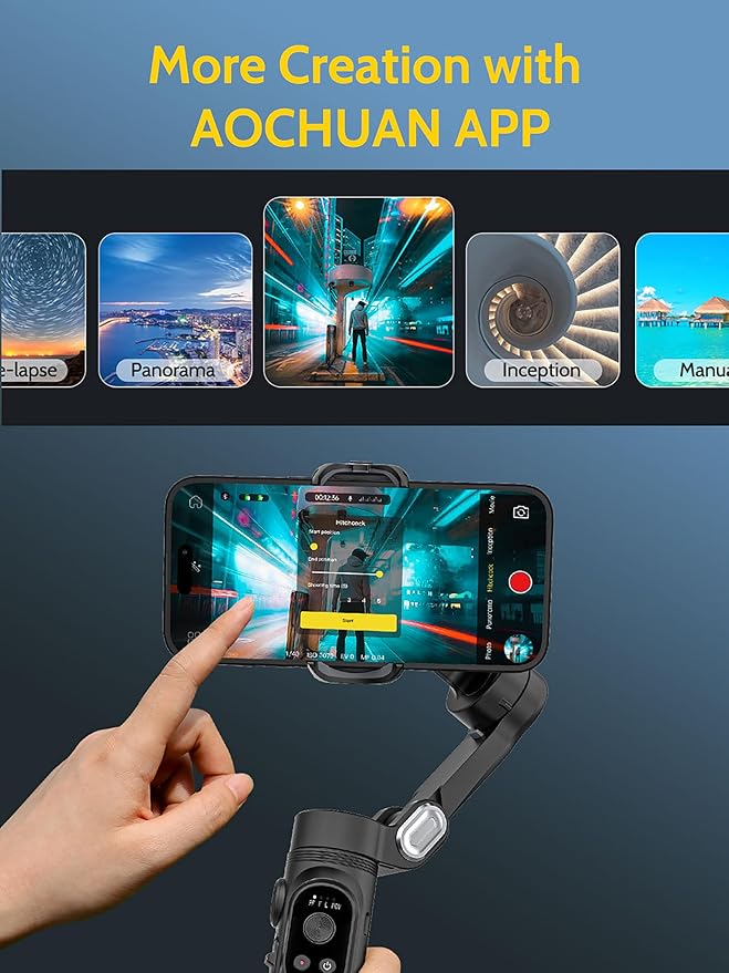 AOCHUAN 3-axis Phone Gimbal Stabilizer for iPhone 15/14/13 Pro Max Android w/Face Tracking,1/4"Threads,Built-in Fill Light, Portable Smartphone Gimbal Video Recording for TikTok,YouTube-Smart X Black
