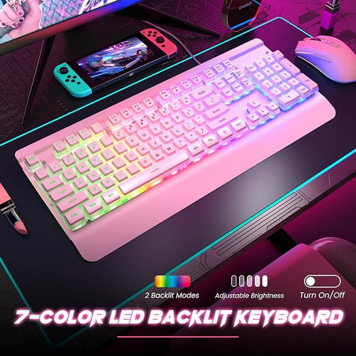 Pink Creamy Keyboard, 104 Keys All-Metal Panel, Rainbow LED Backlit Silent Gaming Keyboard, Wrist Rest, PBT Keycap, Anti-ghosting Keys, Light Up USB Wired Computer Keyboard for PC