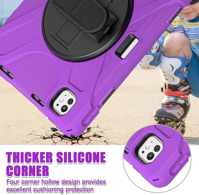 Batianda Case for iPad Pro 13-inch 2025 M5 2024 M4 Chip Heavy Duty Rugged Durability Silicone Tablet Cover with 360° Rotating Hand Strap Foldable Hidden Stand & Shoulder Strap, Purple