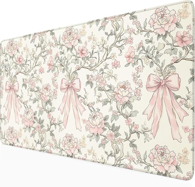 Floral Desk Mat Vintage Chinoiserie Large Mouse Pad Coquette Aesthetic Office Decor Flower Pink Bow Gaming Pad Cottagecore Desk Decor