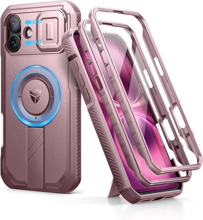 Dexnor for iPhone 16 Plus Case with Slide Camera Cover&Adjustable Kickstand & Built-in Screen Protector,Compatible with MagSafe Shockproof Bumper Cases Heavy-Duty Magnetic Protective Cover,Peony Pink