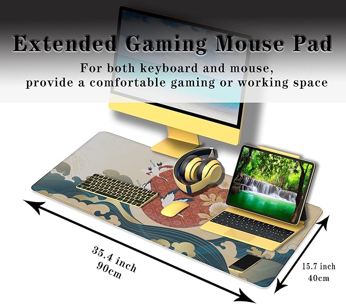 Gaming Mouse Pad Japanese Great Wave Blue Desk Pad, Big Mouse Pads Office Desk Pads, Mouse Mat Non-Slip Rubber Base Waterproof with Stitched Edges, 35.4 X 15.7 inch Oriental Pattern