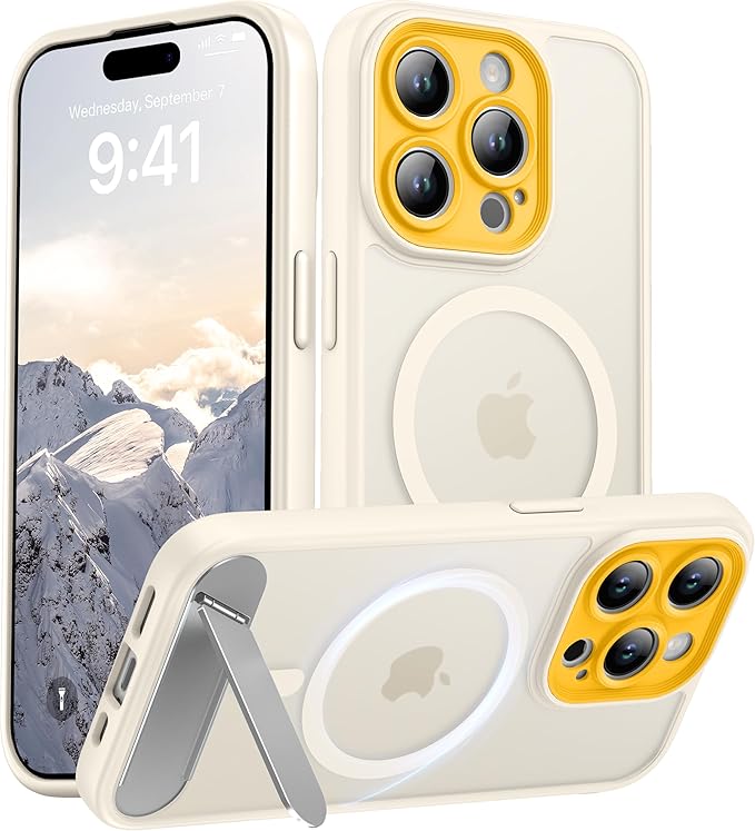 Magnetic Compatible with iPhone 15 Pro Case, [Built-in Kickstand][Full Camera Protection][Compatible with MagSafe][Anti-Fingerprint] Shockproof Phone Case for iPhone 15 Pro 6.1",Beige & Yellow