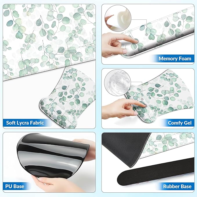 Desk Mat Set + Keyboard and Mouse Pad with Wrist Rest Support,4-in-1 Large Mousepad Computer Mats for Desktop Home & Office -Eucalyptus