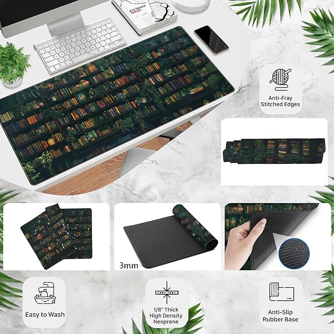 Green Leaves Desk Pad Extended Mouse Mat, Plant Bookshelf Gaming Desk Mat, Large Laptop Keyboard Pad Full Desk Mouse Pad XXL, Giant Desktop Computer Pad, Home Office Decor Aesthetic 31.5" x 15.75"