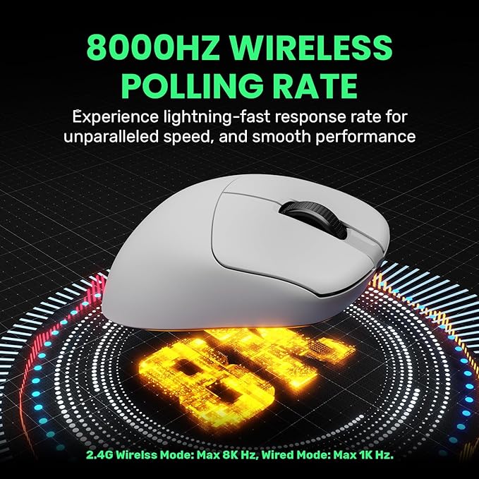 G18 2.4G/BT/Wired Tri-Mode 8K Wireless Gaming Mouse, Right-Handed Ergonomic Design, PAW3395 Sensor, 58g Lightweight, 8000 Polling Rate, 26K DPI, 5 Programmable Buttons, with Nano Wireless Receiver