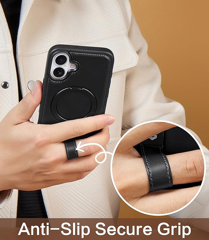 Butaiga for iPhone 17 Leather Case with Stand, Anti-Slip Grip Ring, Fits for MagSafe (Black, iPhone 17)