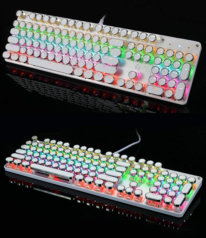 YSCP Typewriter Style Mechanical Gaming Keyboard Rainbow Backlit Wired with Blue Switch Retro Round Keycap 104 Keys Keyboard (L-White)