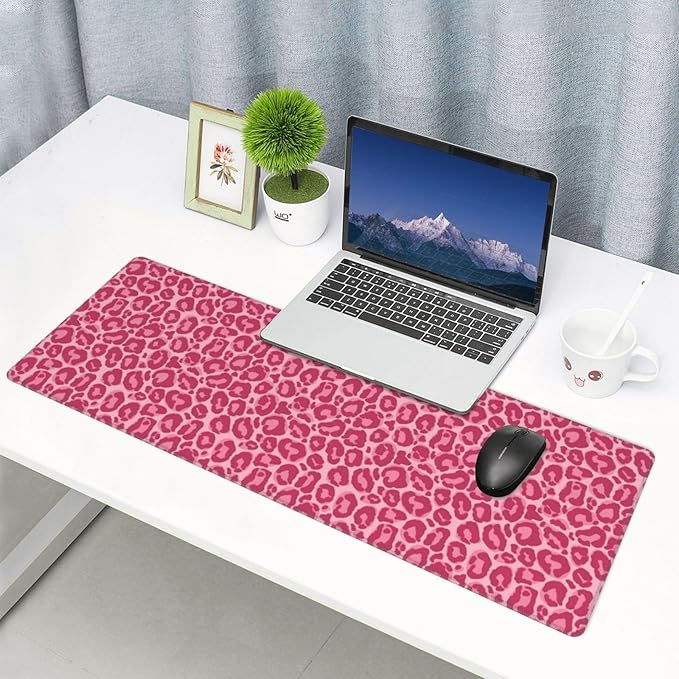 Pink Leopard Print XL Large Mouse Pad with Stitched Edges Long Non-Slip Rubber Base Mousepad Laptop Keyboard Mat Desk Pad for Office Home Desk Decor, 31.5" X 11.8"