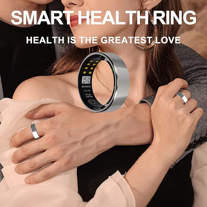 Smart Ring Health Tracker with Free Subscription, Fitness Sleep Heart Rate Blood Oxygen Tracking Ring with Charging Case,Great Gift,Silver,US E