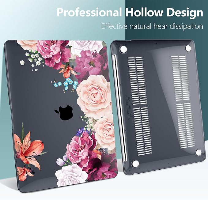 TWOLSKOO Matte Hard Shell Case Keyboard Cover Screen Protector Trackpad Protector for MacBook Air 13 inch Retina 2021 2020 2019 2018 Release Model: A2337 M1/A2179/A1932, Black Peony