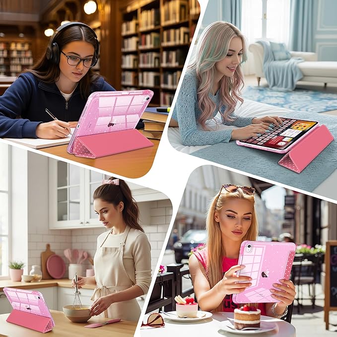 DONGKE for iPad Pro 11 inch Case – Fits M5 2025 / M4 2024, Shockproof Sparkling Glitter Acrylic Back, Pencil Holder, Trifold Stand, Auto Sleep/Wake & Touch ID Support - Dark Pink Polka Dot