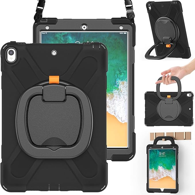 BRAECN Case for iPad Air 3 10.5 2019, iPad Pro 10.5 Case 2017- Heavy Duty Silicone Cover with Pencil Holder,Rotating Hand Grip,Carrying Shoulder Strap,Stable Kickstand Fit for iPad Air 3rd Gen-Black