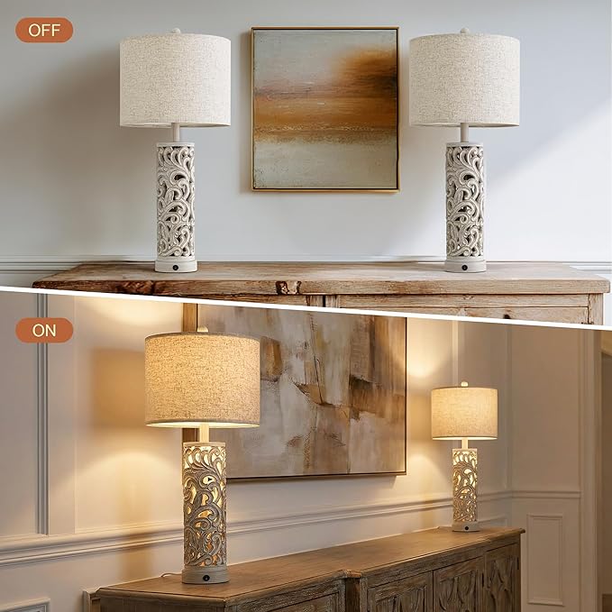 OYEARS 2-in-1 Light Table Lamp Set of 2 for Living Room, 28.5" Farmhouse Bedside Lamps with USB Charging Port, Main&Night Light & Dual Switches, Nightstand Lamp for Bedroom Home Office(Bulb Included)
