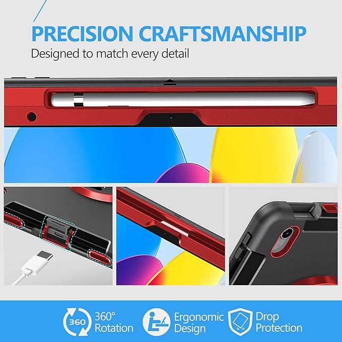 Case for iPad (A16) 11th/10th Generation Case: Protective Cover for iPad 11th Gen 11 Inch 2025 &10th Gen 10.9" 2022 with Screen Protector- Stand- Shoulder Strap- Handle- Pencil Holder-Red+Black