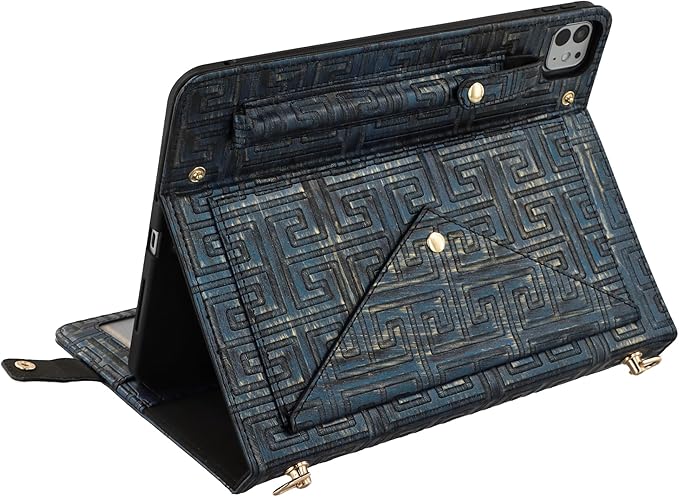 Handbag Case for iPad Pro 13" M5 M4 (2025/2024) - Techcircle Vintage Pattern Crossbody PU Leather Folio Envelope Pocket Stand Cover w/Hand Strap+Shoulder Strap+Pencil Holder+Card Slots, Retro Navy