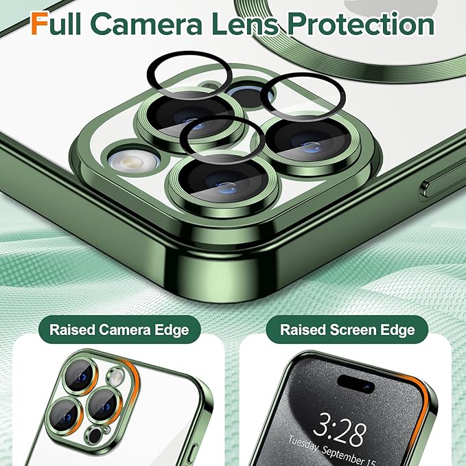 Hython Magnetic Clear for iPhone 15 Pro Case with Camera Lens Protector [Compatible with MagSafe] Luxury Plating Edge Slim Soft TPU Cover Protective Phone Case for iPhone 15 Pro 6.1", Deep Green