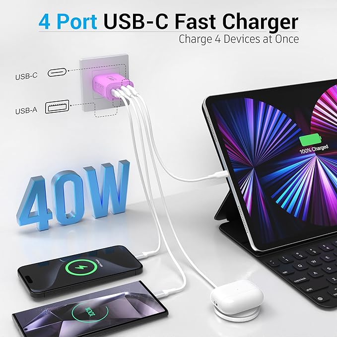 TT&C 40W USB C Charger Block, 4-Port Fast Charging Block (2 USB-C + 2 USB-A), Compact Multi-Device Wall Plug Adapter for iPhone 17,16,15,14,Pro Max, Samsung Galaxy S24/S23 Travel & Home (Purple 1Pack)