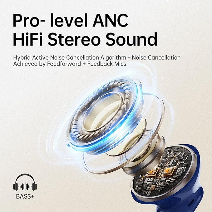 xinwld Adaptive Hybrid Active Noise Canceling 2026 Wireless Earbuds, 6 Mics ENC Clear Call Ear Buds, Hi-Res Audio Deep Bass Bluetooth 5.4 Headphones, 40H Playtime, Wireless Charging, LED, USB-C, Blue
