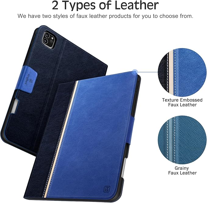 KingBlanc Case for iPad Pro 13 inch (M5 2025/M4 2024) with Pencil Holder, Vegan Leather Stand Cover, Auto Sleep/Wake, Support Pencil Pro/(USB-C), Viewing/Writing Angles, Vintage Notebook Style, Blue