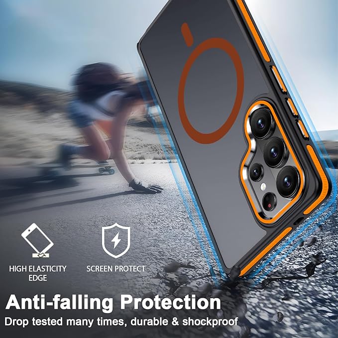 MALEWOLF Case for Samsung Galaxy S26 Ultra, Translucent Matte Cover Compatible with Magsafe, Military Grade Drop Resistant, Color Hybrid Non-Slip Phone Case for Galaxy S26 Ultra (Black/Orange)