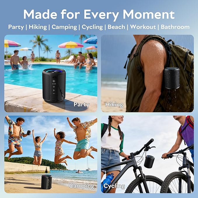 Portable Bluetooth Speaker, IPX7 Waterproof Wireless Speaker with 20W Loud Stereo Sound, 15H Playtime & Beat-Synced RGB Light, Small Outdoor Speaker for Shower, Pool, Beach, Hiking and Gifts