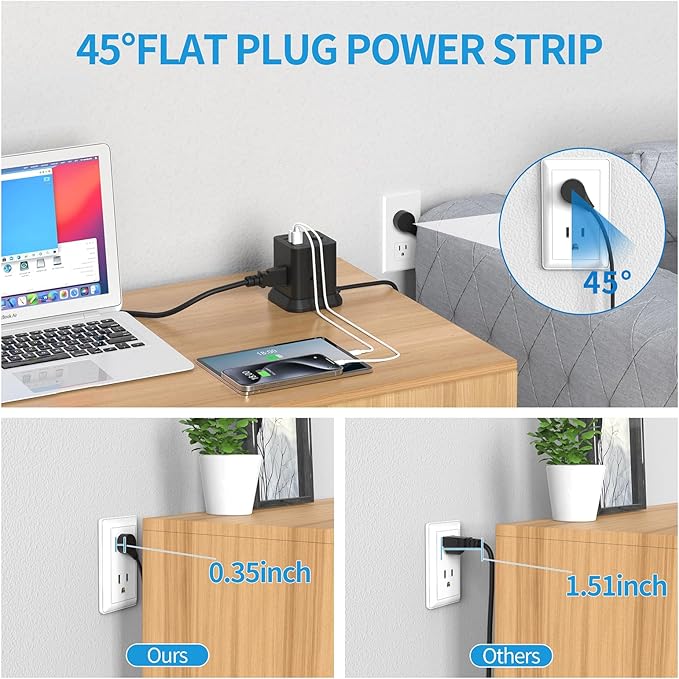 Extension Cord 15 ft, FDTEK Flat Plug Power Strip with 4 Widely Spaced Outlet with 3 USB, Extension Cord with Multiple Outlets for Indoor Home Office, Dorm Room Essentials