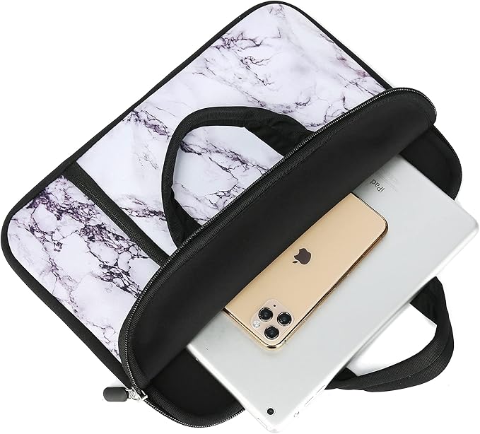 11 11.6 12 12.1 12.5 inches Laptop Sleeve Chromebook Case Ultrabook Case Notebook Sleeve PC Messenger Bag Tablet Case Neoprene Handle Sleeve for Women Men, Two Pockets(White Marble)