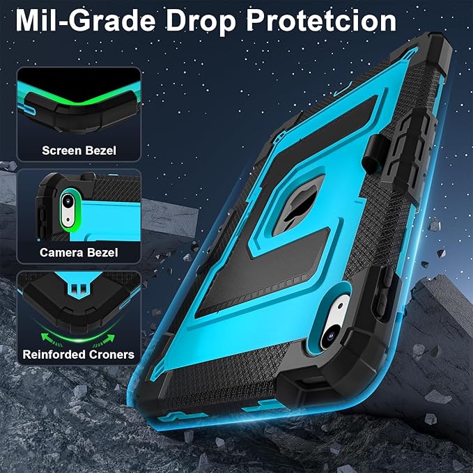 Kids Friendly Case for iPad A16 11th Generation 11 Inch 2025 / iPad 10th Generation 10.9" 2022 Case with Pencil Holder & Shoulder Strap, Hybrid iPad 11 10 Cover Rugged Shockproof Kickstand,Black+Blue
