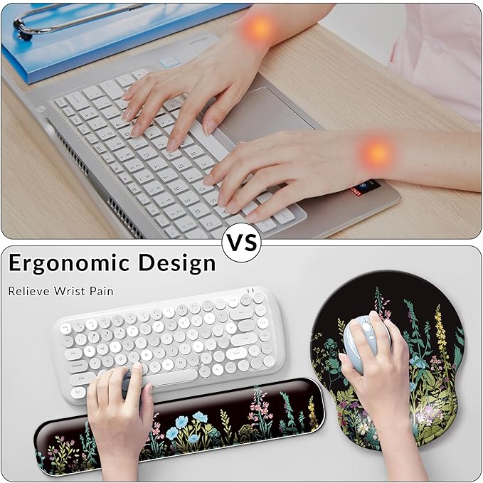 Desk Mat Set + Keyboard and Mouse Pad with Wrist Rest Support,4-in-1 Large Mousepad Computer Mats for Desktop Home & Office-Flowers Garden