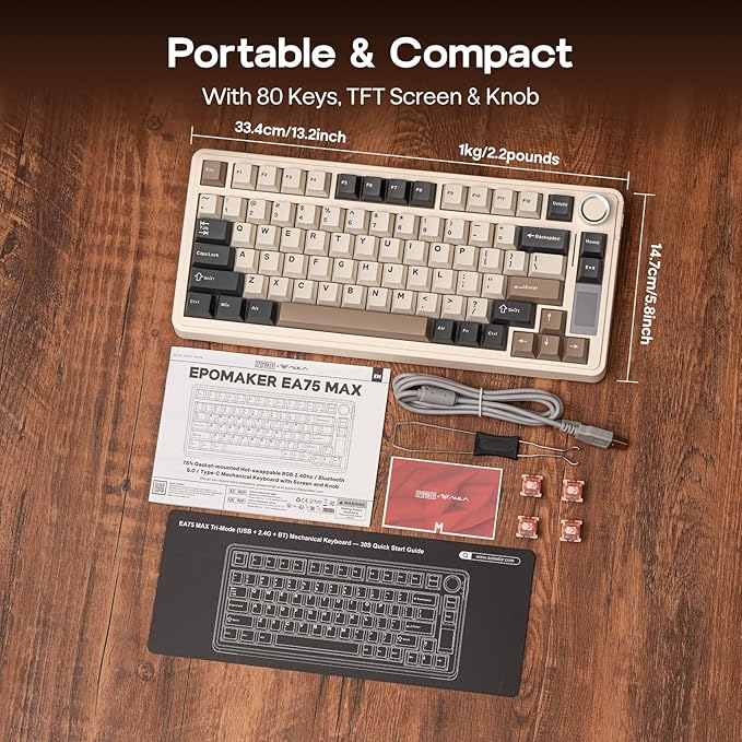 EPOMAKER X Aula EA75 MAX Wireless Gaming Keyboard with Screen & Knob, 5000mAh, Hot-Swap, Lubed Switches, RGB Backlit, Creamy Gasket, 75% Mechanical Keyboard (Retro White, Reaper Switch)