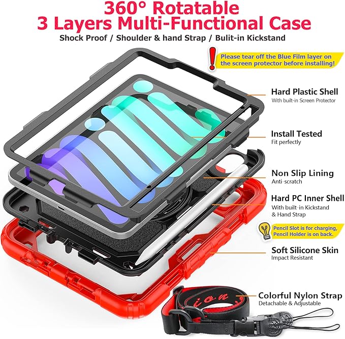 SEYMAC stock Case for iPad mini 7 (A17 Pro) 2024/ Mini 6 8.3'' with Screen Protector Pencil Holder [360 Rotating Hand Strap] &Stand, Drop-Proof Case for iPad mini 7th/6th Generation 8.3", Black+Red