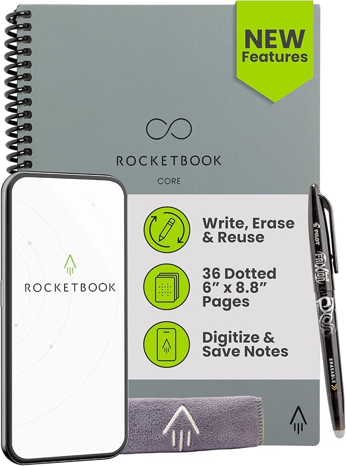 Rocketbook Core Reusable Smart Notebook, Dot Grid Pages For School, Work and Creative Projects, Executive Size 6x8.8, Grey - Premium