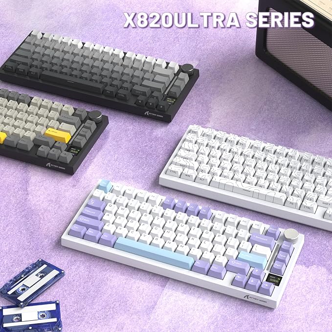 A.JAZZ Attack Shark X820Ultra 75% Wireless Mechanical Gaming Keyboard and Coiled Cable Hot Swappable 2.4GHz/Bluetooth/Wired Keyboard with Screen & Knob RGB Backlit Gasket Mount Shark Switch-Starwhite