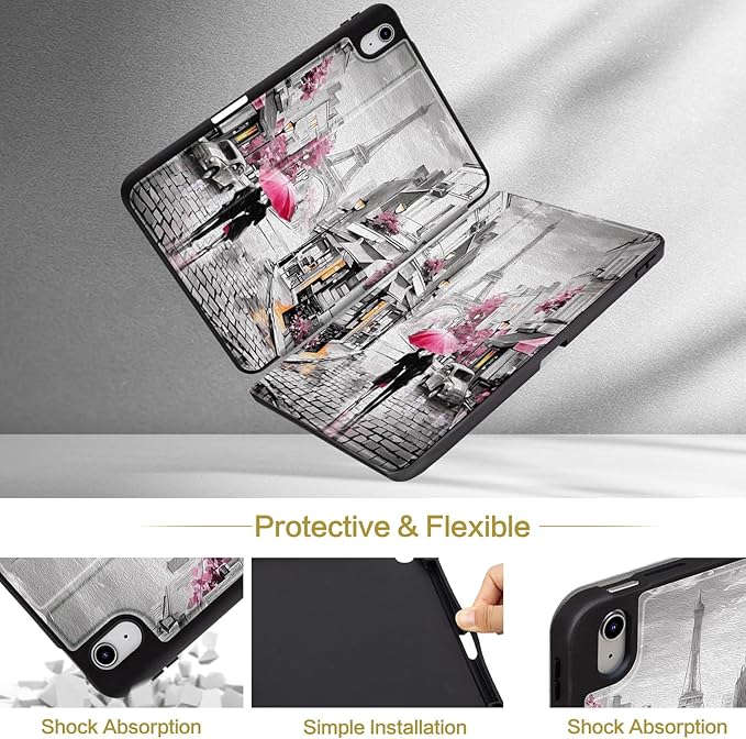 Lokigo New for iPad 10th Generation Case 2022 10.9 inch/iPad (A16) 11th Generation Case 2025 11-inch, Gray Pink Protective Multi-Viewing Stand Cover (Auto Wake/Sleep), Lovers in Paris