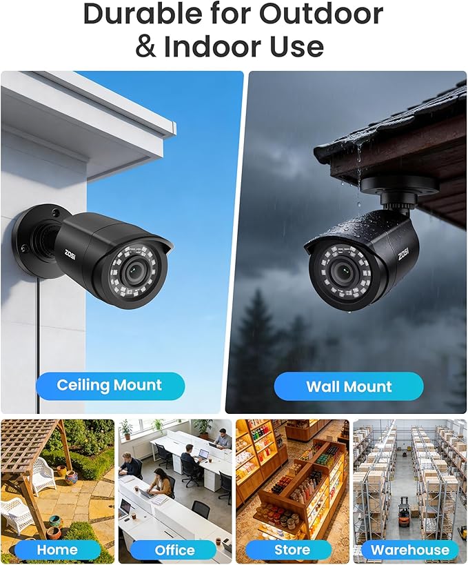 ZOSI 3K Lite Security Camera System Indoor Outdoor,AI Human/Vehicle Detection,Night Vision,Remote Access,4pcs 1080P 1920TVL Weatherproof Surveillance Cameras,H.265+ 8CH CCTV DVR(NO HDD)