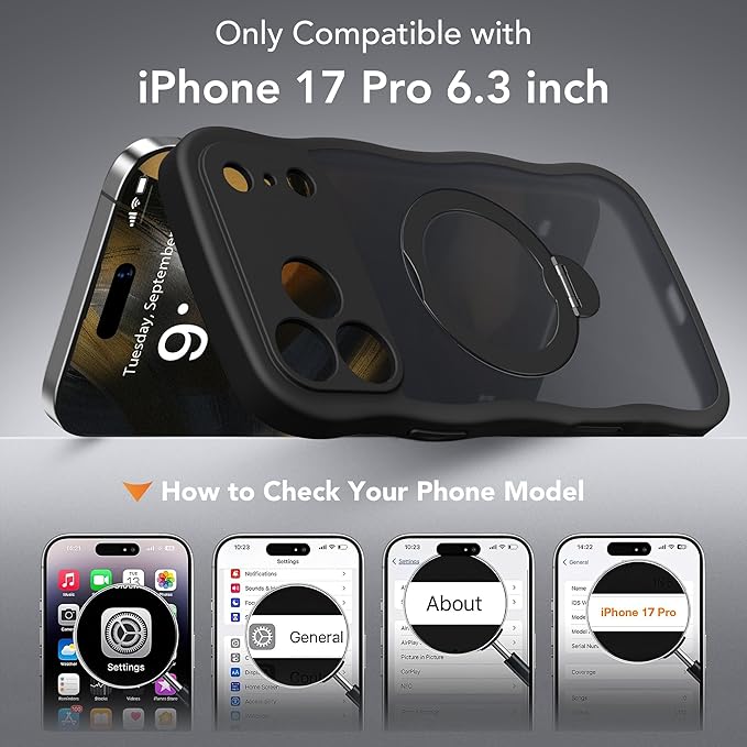 GolbinBox for iPhone 17 Pro Case for Women,[Compatible with Magsafe][360° Spin Magnetic Stand][Cute Wave Edge][Military-Grade Protection] Translucent Matte Phone Case for iPhone 17 Pro, Black