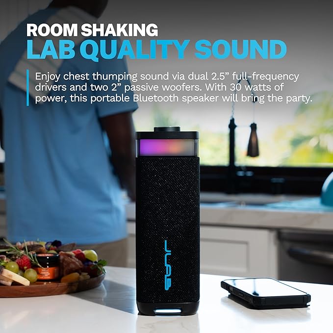 JLab, JBuds Party, Portable Bluetooth Speaker, IP56 Waterproof, Multi-Speaker Connect, RGB Lighting, Black