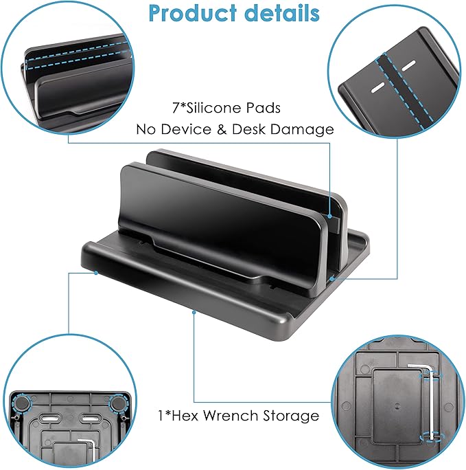Vertical Laptop Stand [New Version: Two More Rubber Pads & Hex Key Storable Design] ABS Plastic Adjustable Dock up to 15 inch PC Desk Space Saver for MacBook/Surface/iPad/Mini PC (Black)