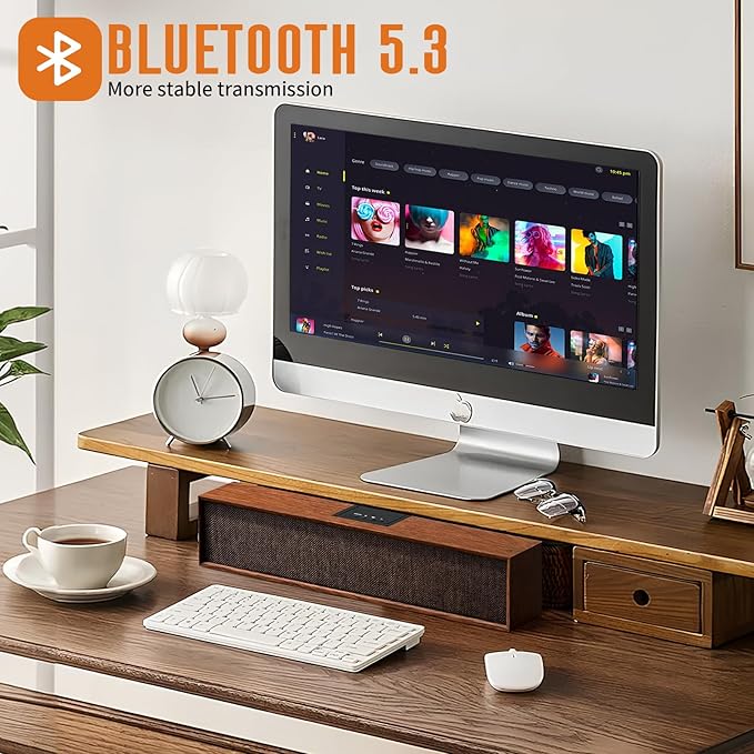 Retro Computer Speakers - Wooden Sound Bar with Bluetooth 5.3 & USB Connectivity | Universal Compatibility for PC, Desktop, Laptop, Monitor, Tablet & Smartphone