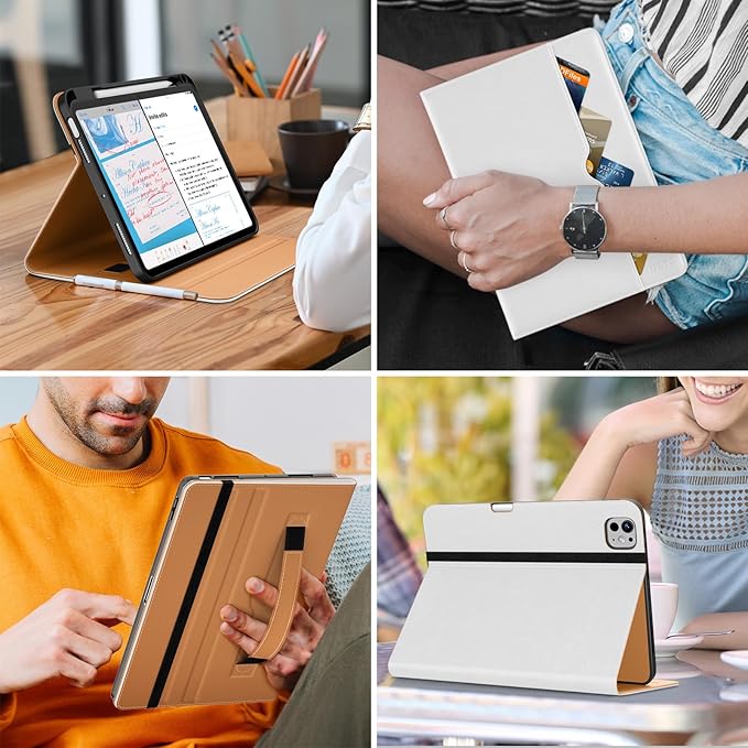 DTTO for iPad Pro 11 inch Case (M5/M4) 2025/2024, Premium Leather Business Folio Stand Cover with Pencil Holder - Auto Wake/Sleep and Multiple Viewing Angles, White