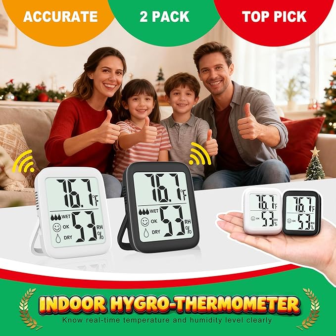 Antonki 2 Pack Room Thermometer for Home, Hygrometer Indoor Humidity Meter Gauge, Digital Temperature and Humidity Monitor Sensor for House, Terrarium, Incubator, Greenhouse - Battery Included