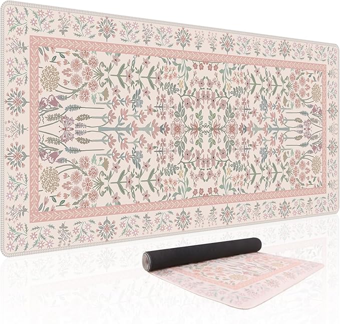 Baziabbo Pink Floral Desk Mat,XXL Extended Big Mouse Pad,Gaming Mousepad with Stitched Edge,Non-Slip Rubber Base Keyboard Desk Pad for Home Office Study Game