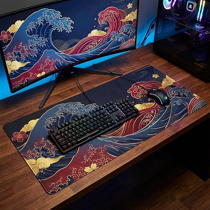 AQQA Japanese Great Wave Mouse Pad XL - Extended Gaming Desk Mat (31.5 x 15.7 in), Black and Gold Ukiyo-e Art Mousepad with Anti-Slip Rubber Base, Waterproof Keyboard Mat for Office, Home & Esports