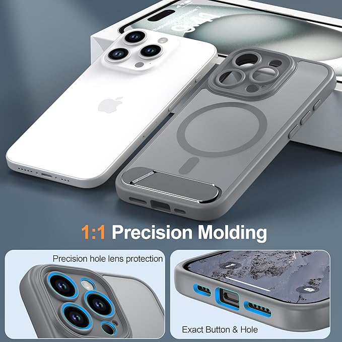 Magnetic Compatible with iPhone 15 Pro Case, [Built-in Kickstand][Full Camera Protection][Compatible with MagSafe][Anti-Fingerprint] Shockproof Phone Case for iPhone 15 Pro 6.1",Grey