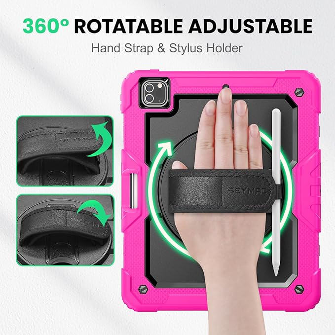 SEYMAC Kids Case for iPad Pro 12.9 2022/2021/ 2020/2018, Heavy Duty Protection Shockproof Case with Screen Protector, 360° Rotating Stand/Handle/Shoulder Strap, Supports Pencil 2 Charging, Pink