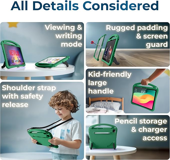Bam Bino Space Suit, iPad Air 11Inch Case Kids (M2/M3/M4), iPad Pro 11inch (M4/M5), i-Pad A16(11th Gen), iPad 10thGeneration, Built-in Screen Protector, Handle, Kick Stand, Shoulder Strap (Mint Green)