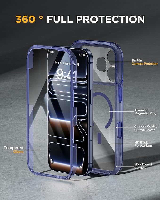 Miracase for iPhone 17 Pro Max Case 6.9" Full-Body Phone Case with Built-in Glass Screen Protector& Full Camera Protector,[Magnetic with MagSafe] Drop Proof 17 ProMax Cover, Clear Blue