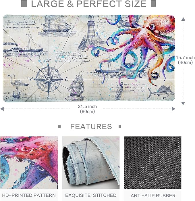 Large Mouse Pad Gaming, Desk Mat for Desktop, Big Mousepad, Grey Desk Pad Computer Desk Mat for Keyboard and Mouse, Cool Octopus Non-Slip Gaming Mouse Pad for Men Boys, 31.5" x 15.7", Gray